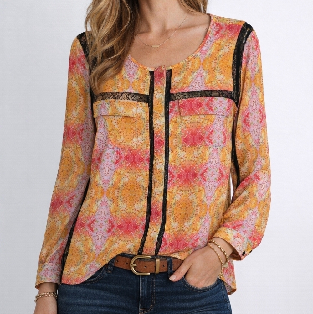 Gibson Latimer Pink and Orange Blouse with Lace Accents